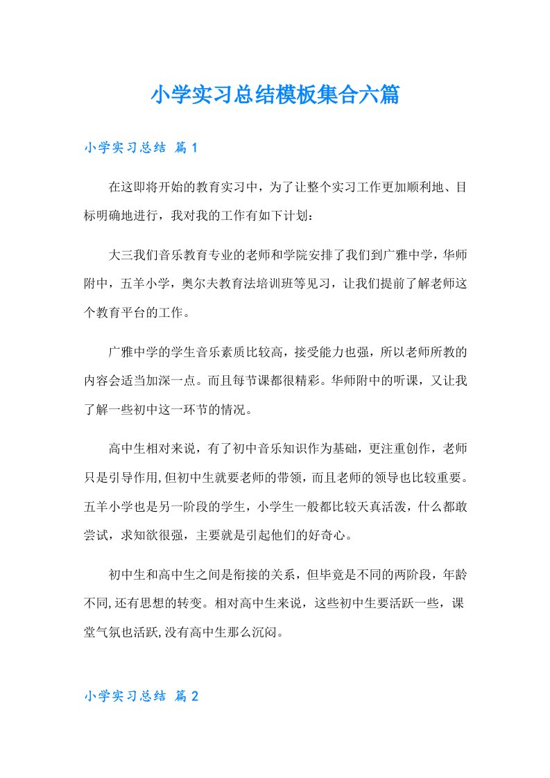 小学实习总结模板集合六篇