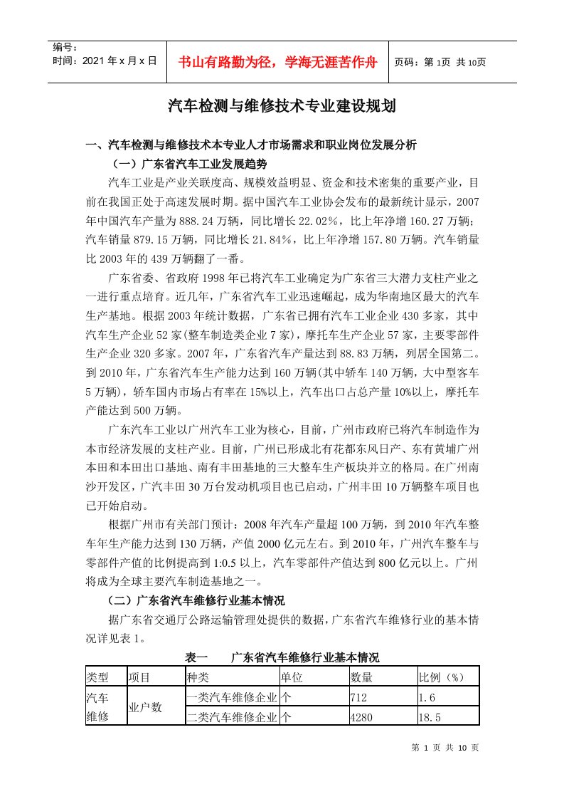 汽车检测与维修专业建设规划doc-汽车检测与维修专业人才