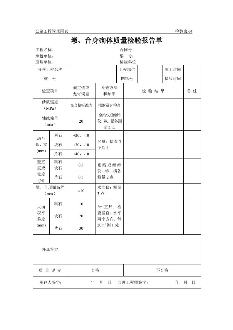 公路工程管理用表范本-墩、台身砌体质量检验报告单