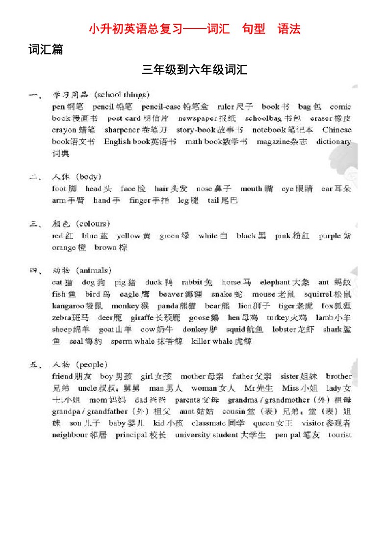 小升初英语总复习——词汇句型语法