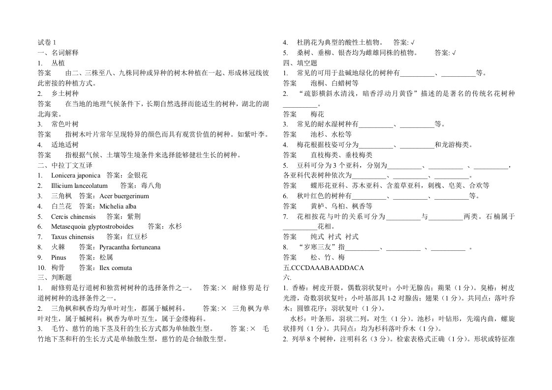 园林树木学五套试题及答案