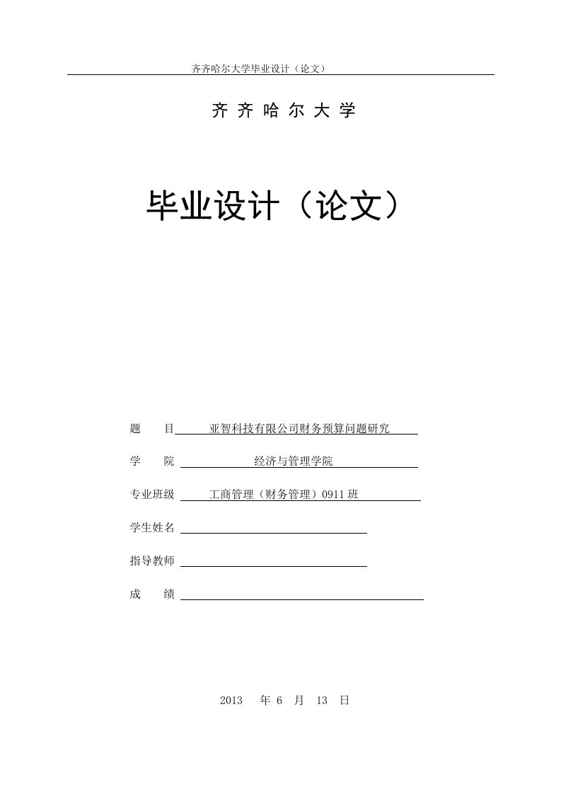 亚智科技有限公司财务预算问题研究—工商管理毕业论文