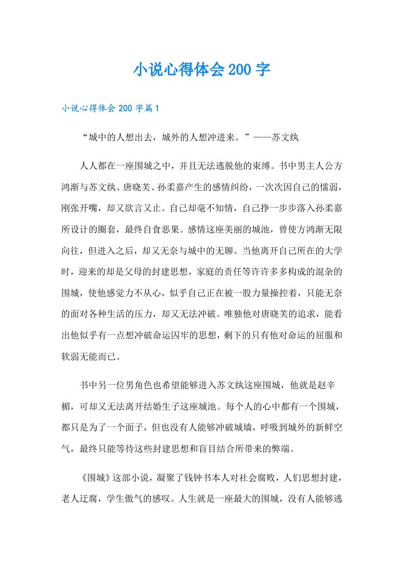 小说心得体会200字