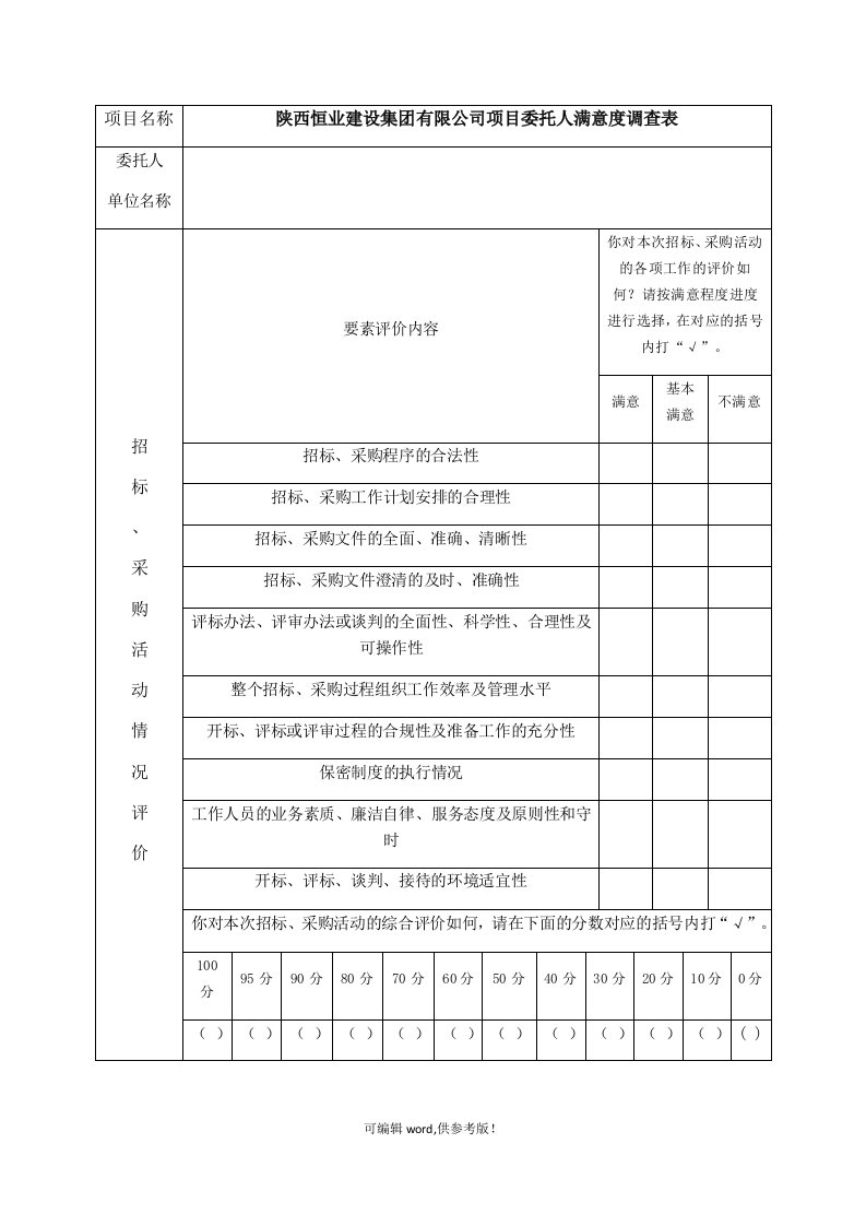 招标代理新满意度调查表