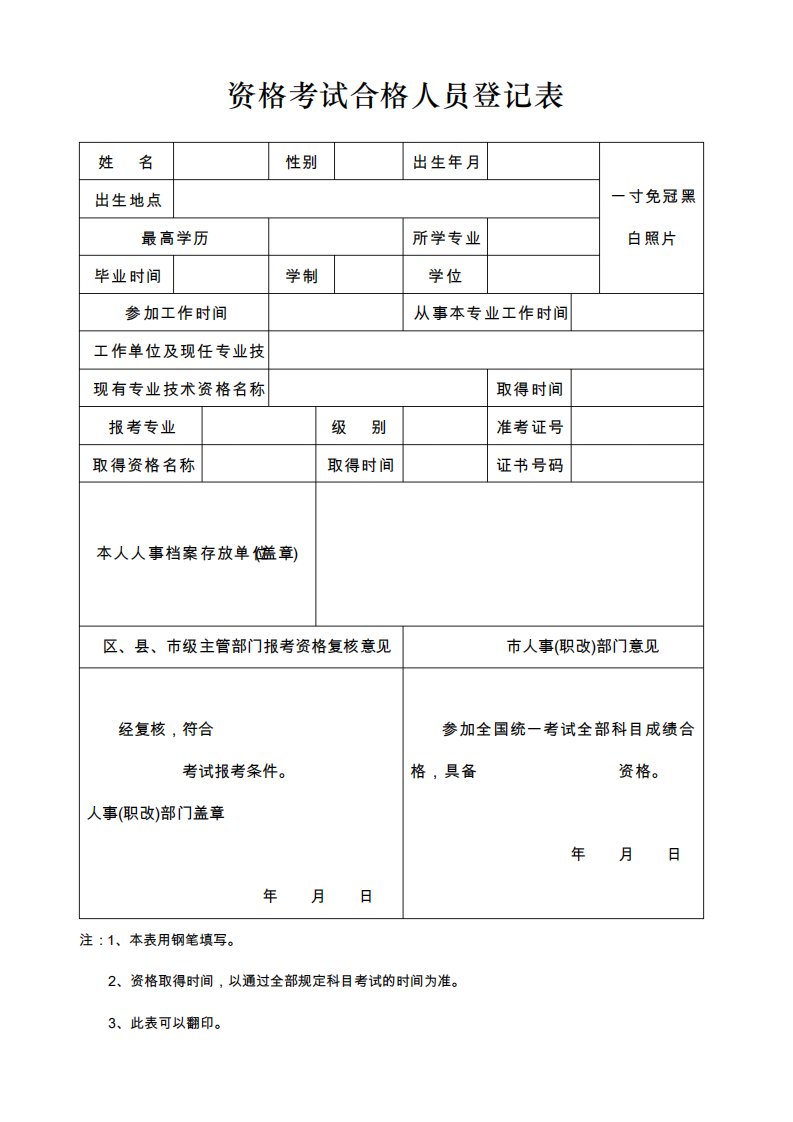 会计资格考试合格人员登记表