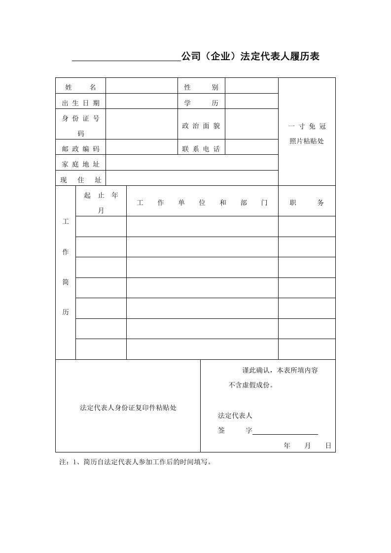 公司(企业)法定代表人履历表