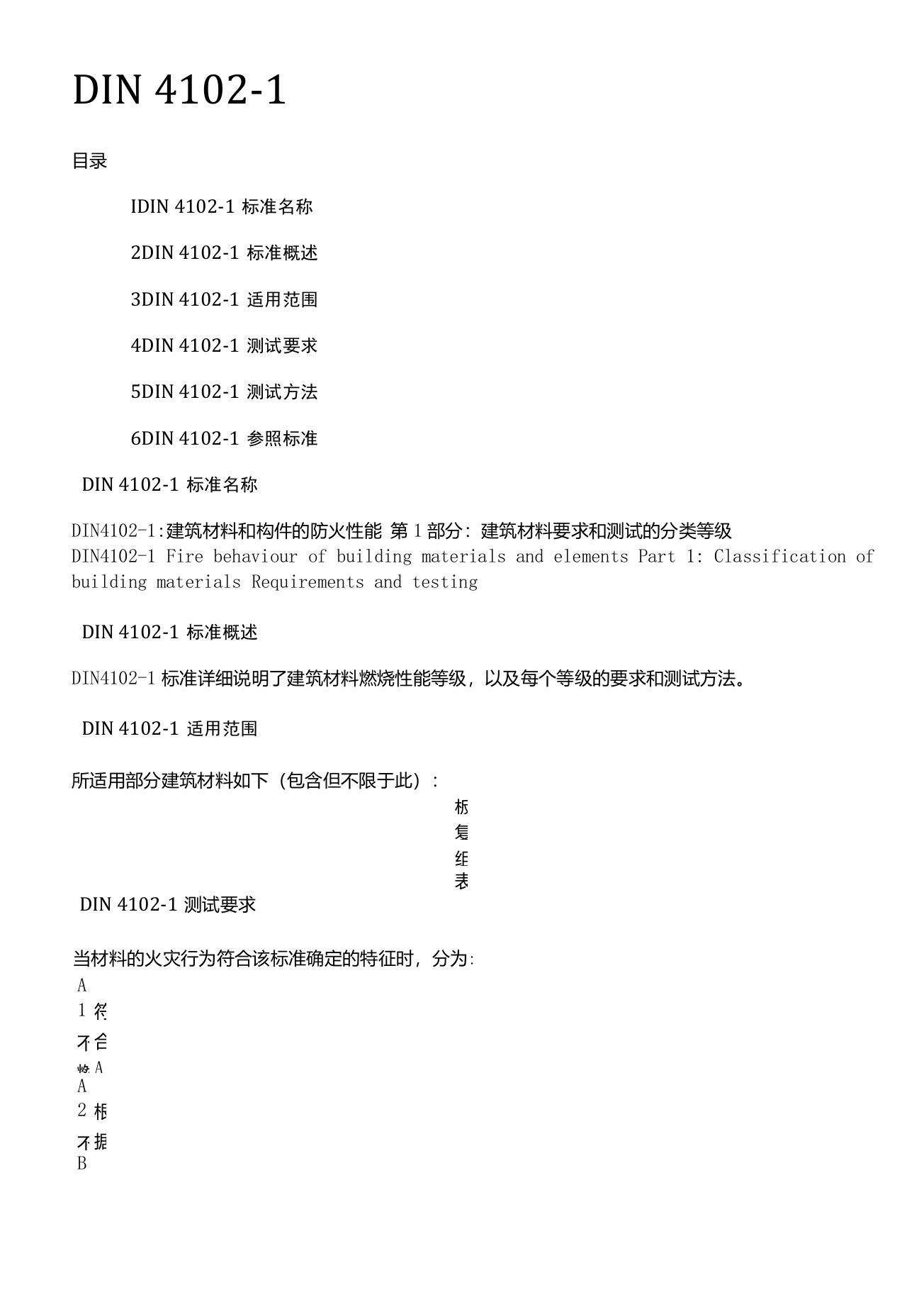 德国标准DIN4102建筑材料防火性能要求和测试分类等级