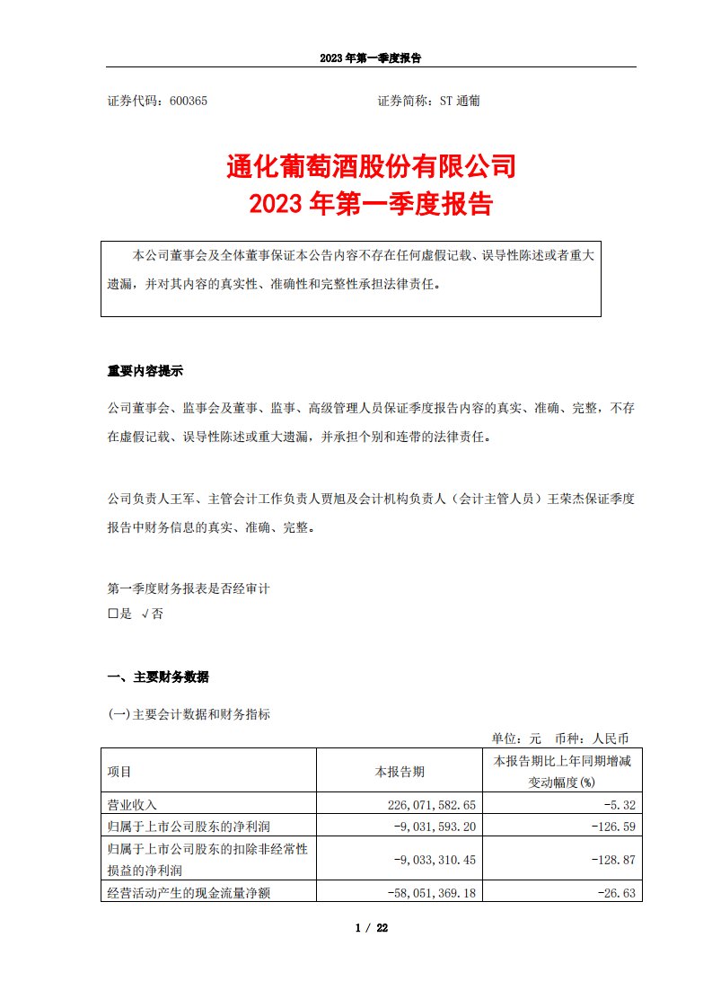 上交所-通化葡萄酒股份有限公司2023年一季度报告-20230428