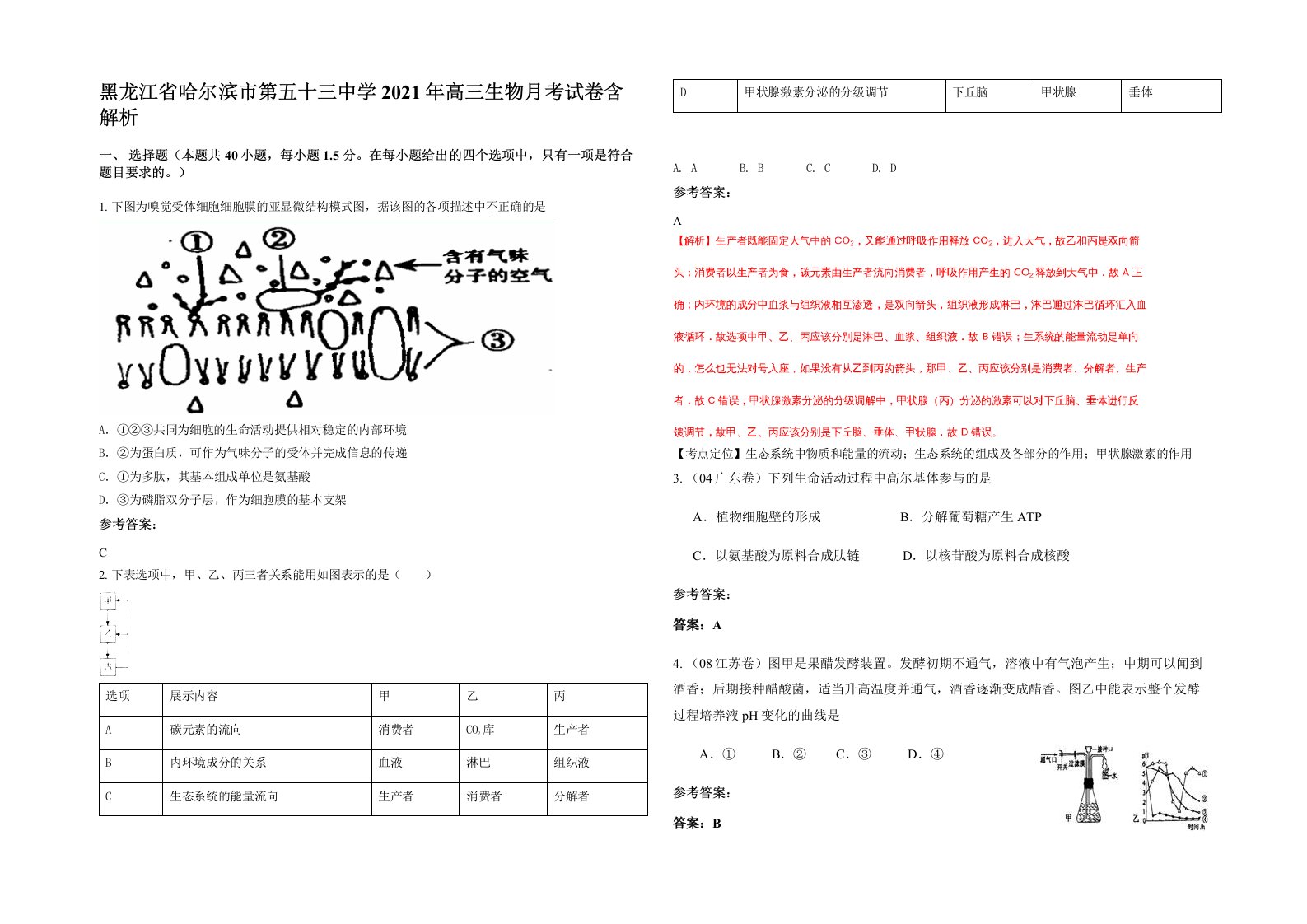 黑龙江省哈尔滨市第五十三中学2021年高三生物月考试卷含解析