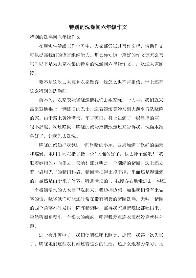 特别的洗澡间六年级作文