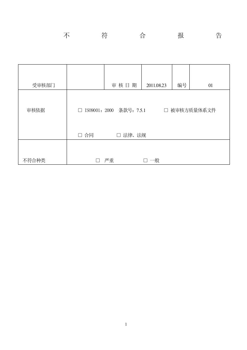 内审不符合项报告范例