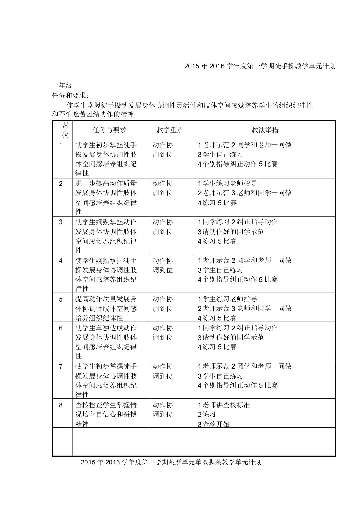 小学体育一年级单元教学计划