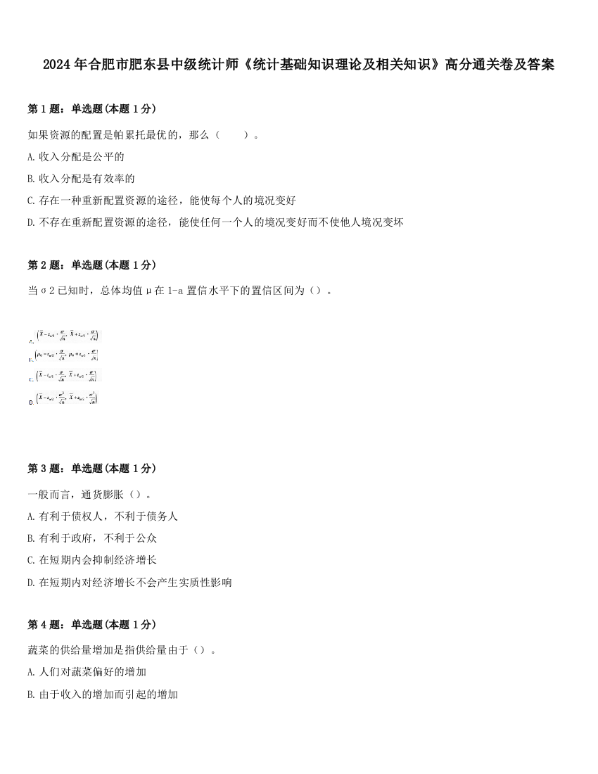 2024年合肥市肥东县中级统计师《统计基础知识理论及相关知识》高分通关卷及答案