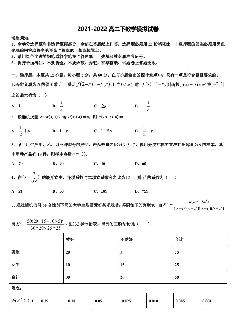 2022届辽宁省重点名校高二数学第二学期期末质量检测模拟试题含解析