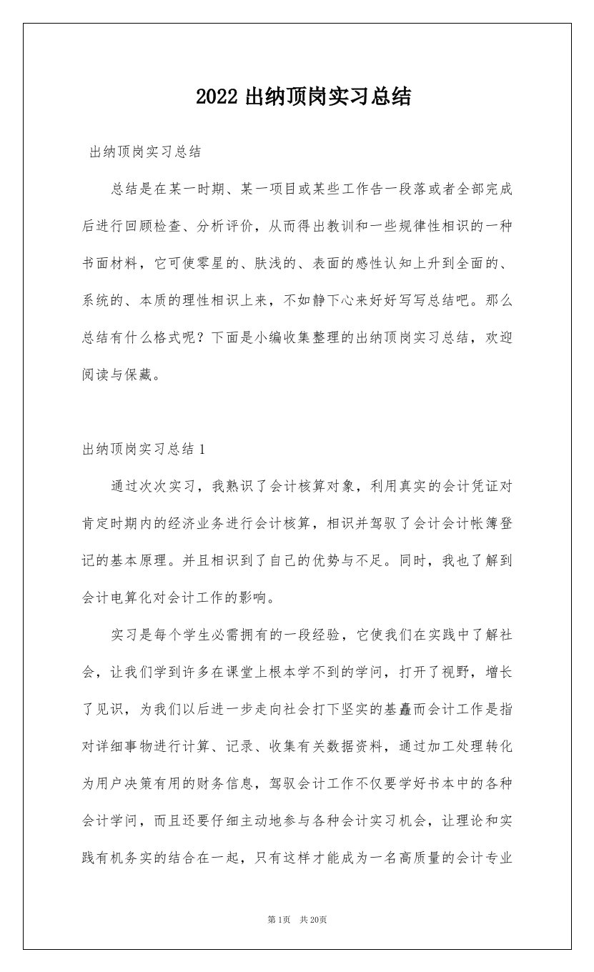 2022出纳顶岗实习总结