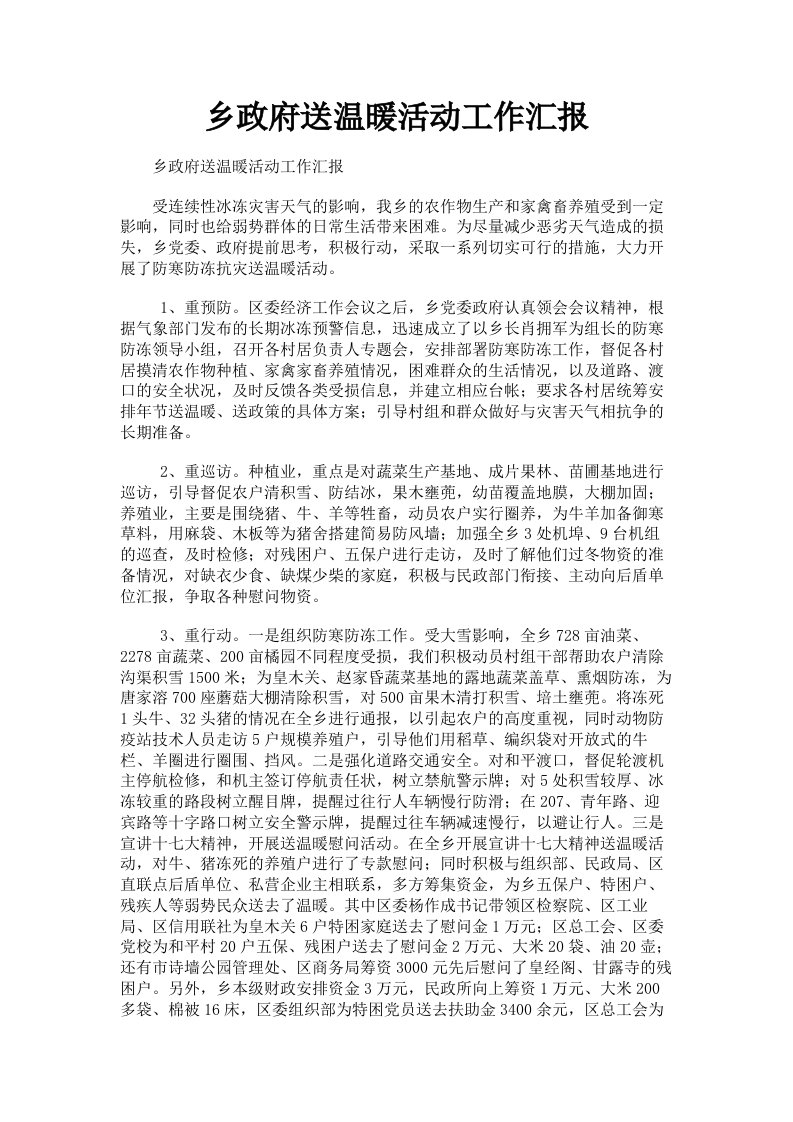 乡政府送温暖活动工作汇报