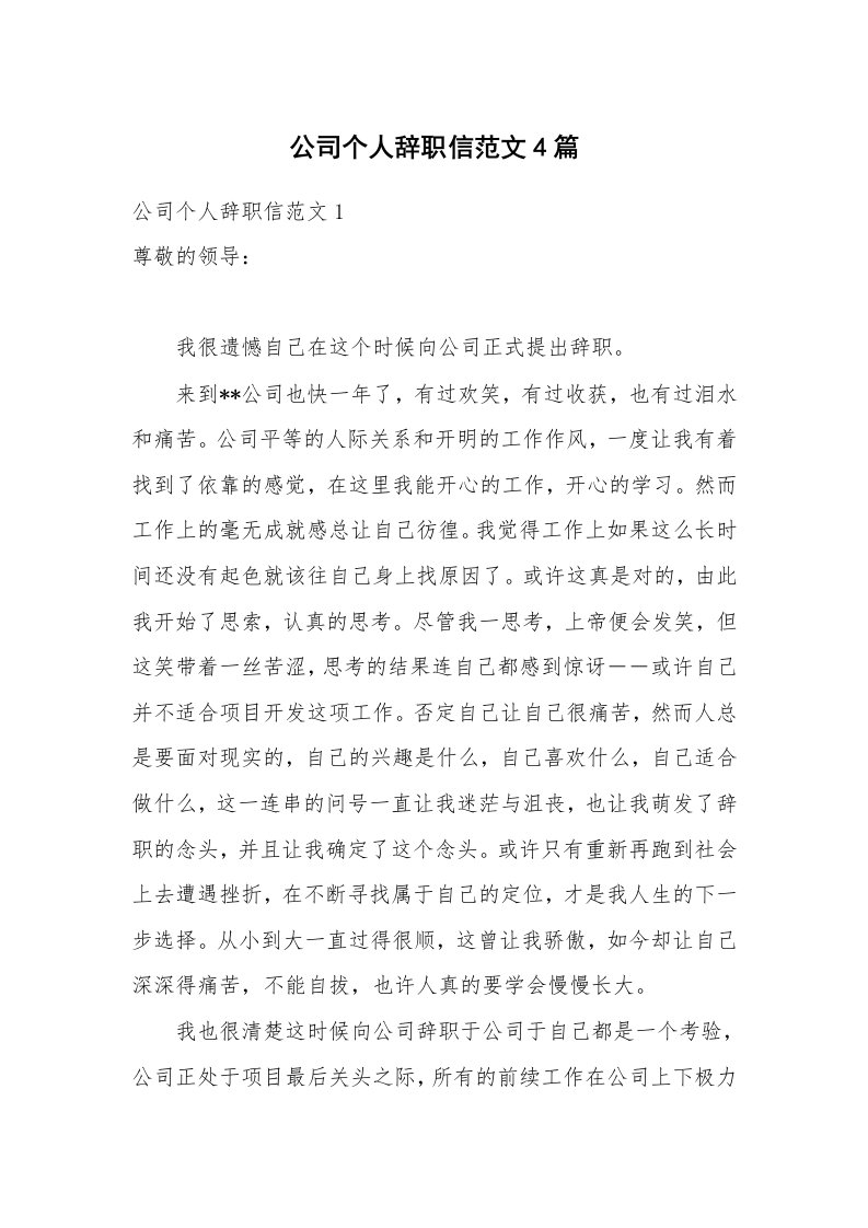 公司个人辞职信范文4篇