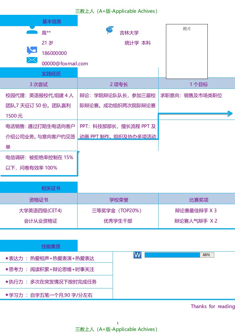 实用简历-成绩突出型表格