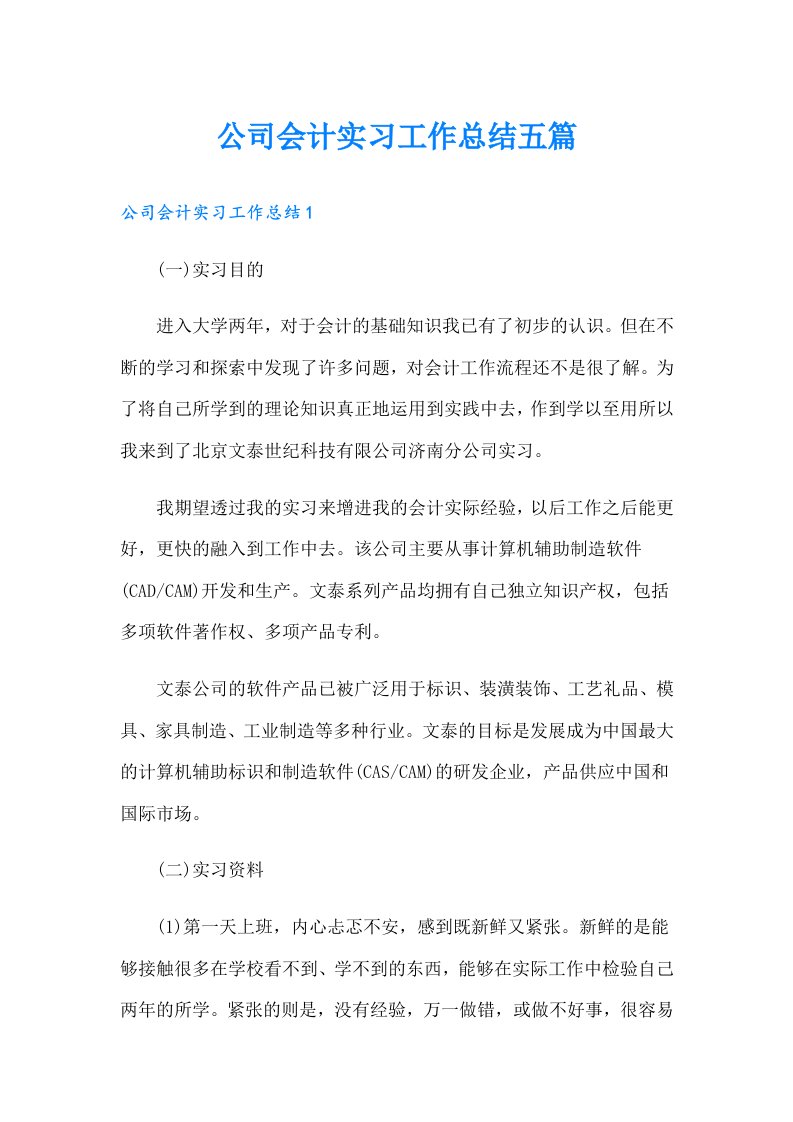 公司会计实习工作总结五篇