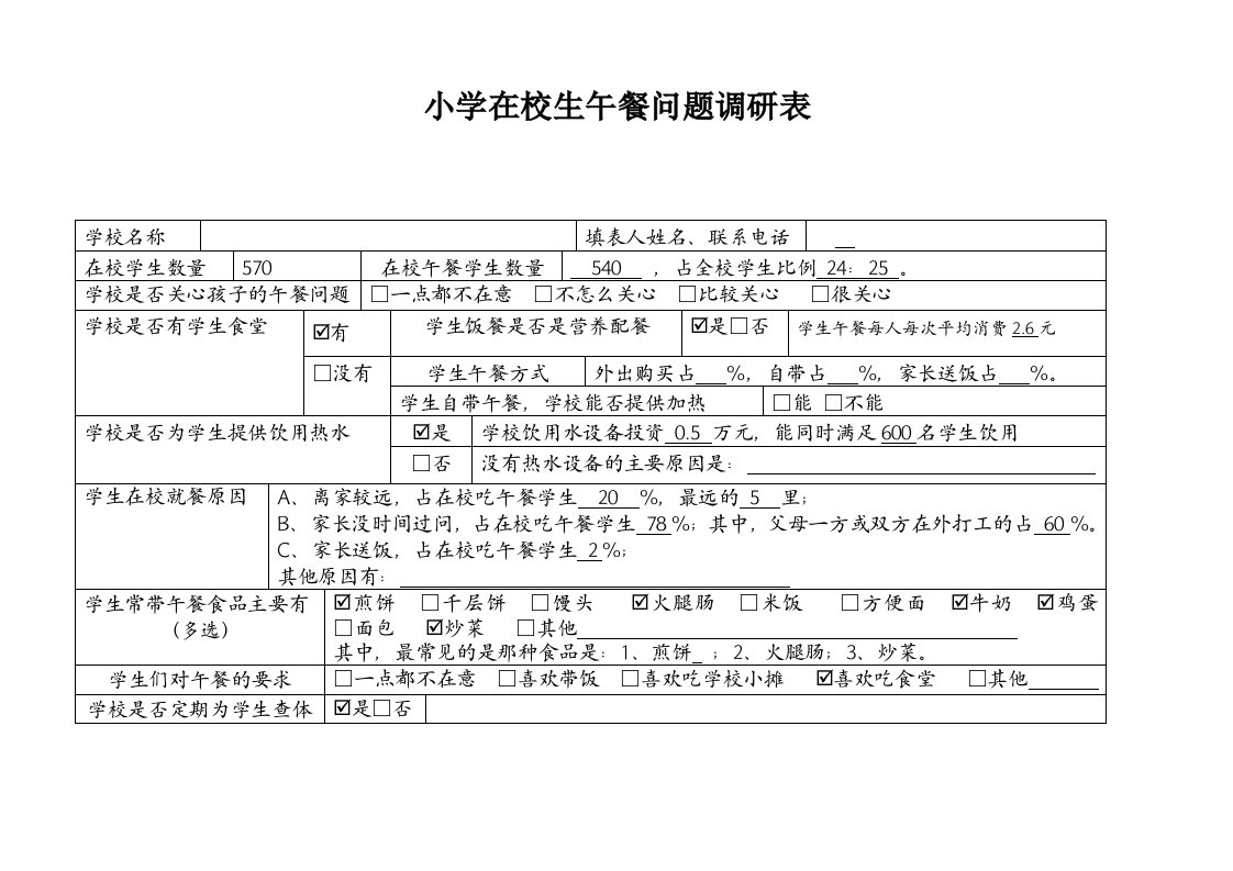 小学在校生午餐问题调研表