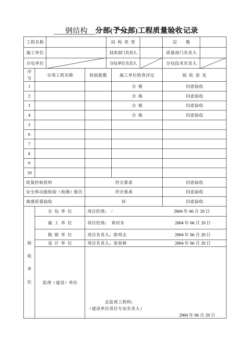 钢结构分部分项检验批参考表格