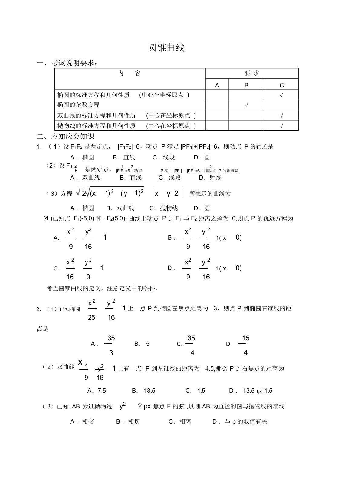 高三数学应知应会讲义十一：圆锥曲线