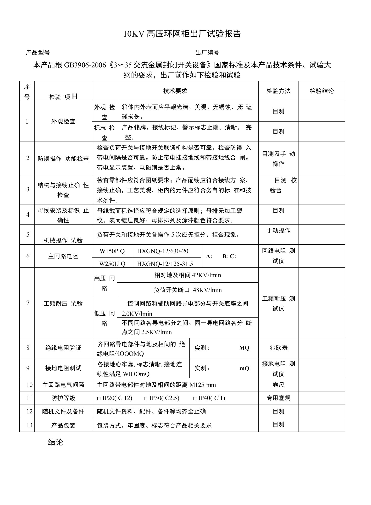 10KV高压环网柜出厂试验报告