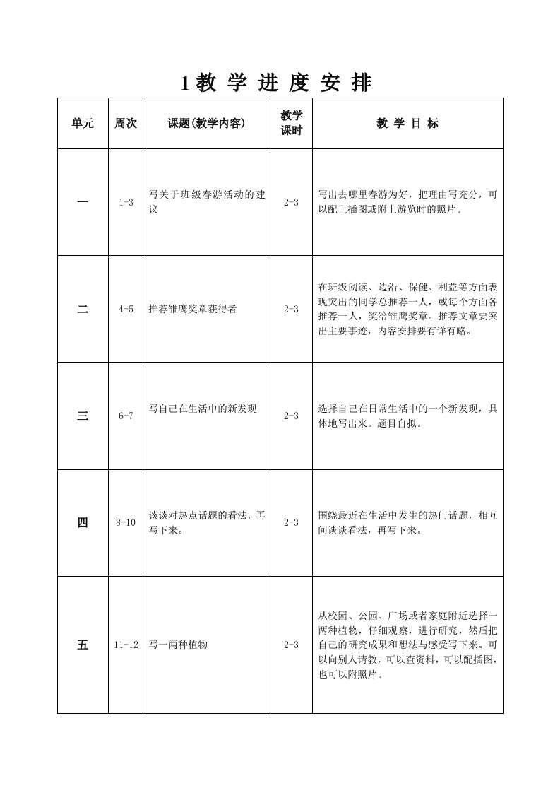 四年级下作文进度安排