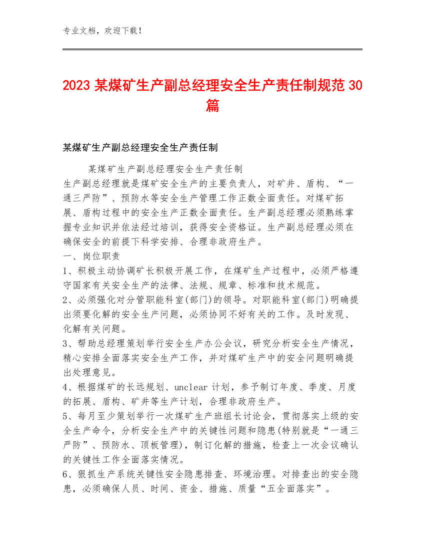 2023某煤矿生产副总经理安全生产责任制规范30篇