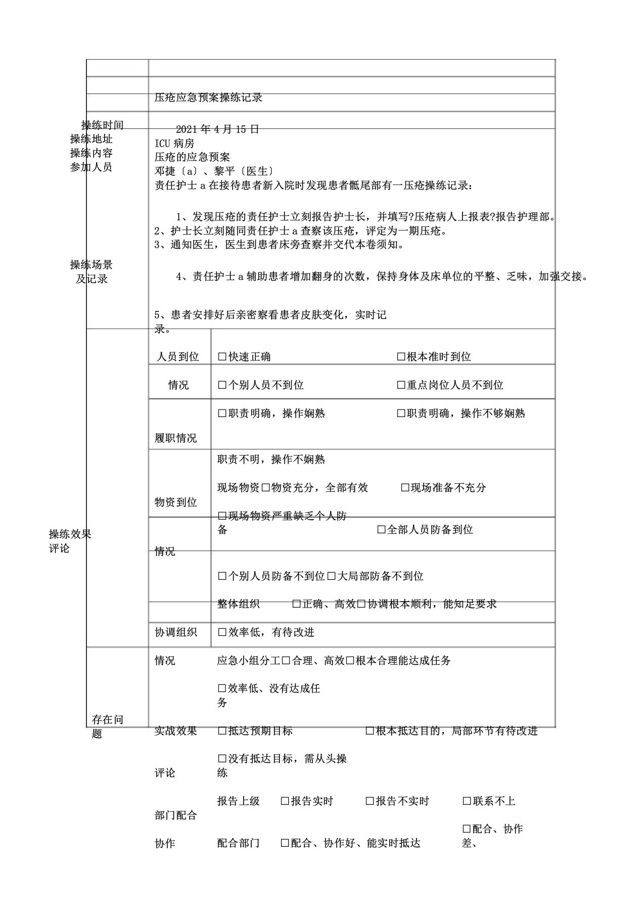 压疮应急方案演练记录表格