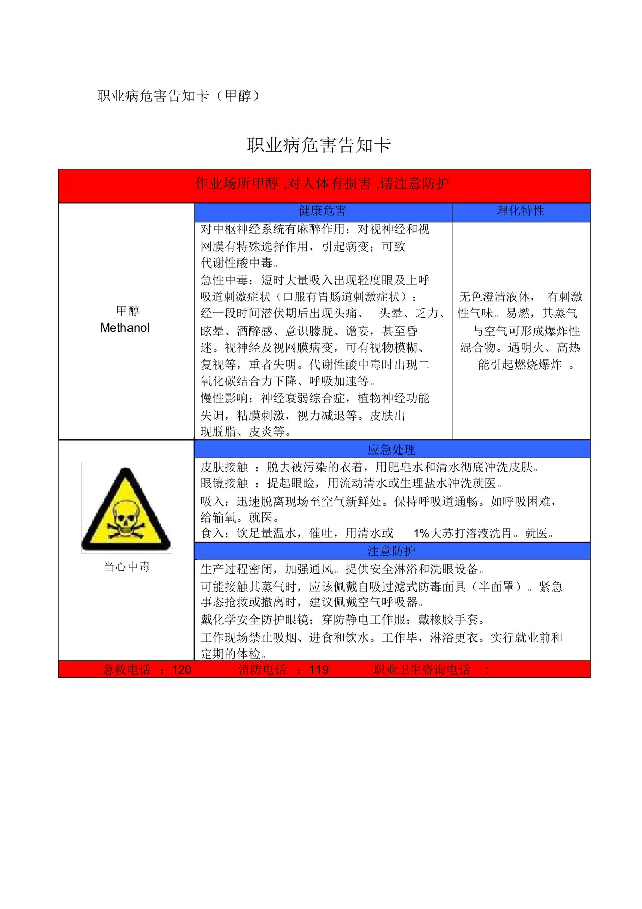 职业病危害告知卡(甲醇)