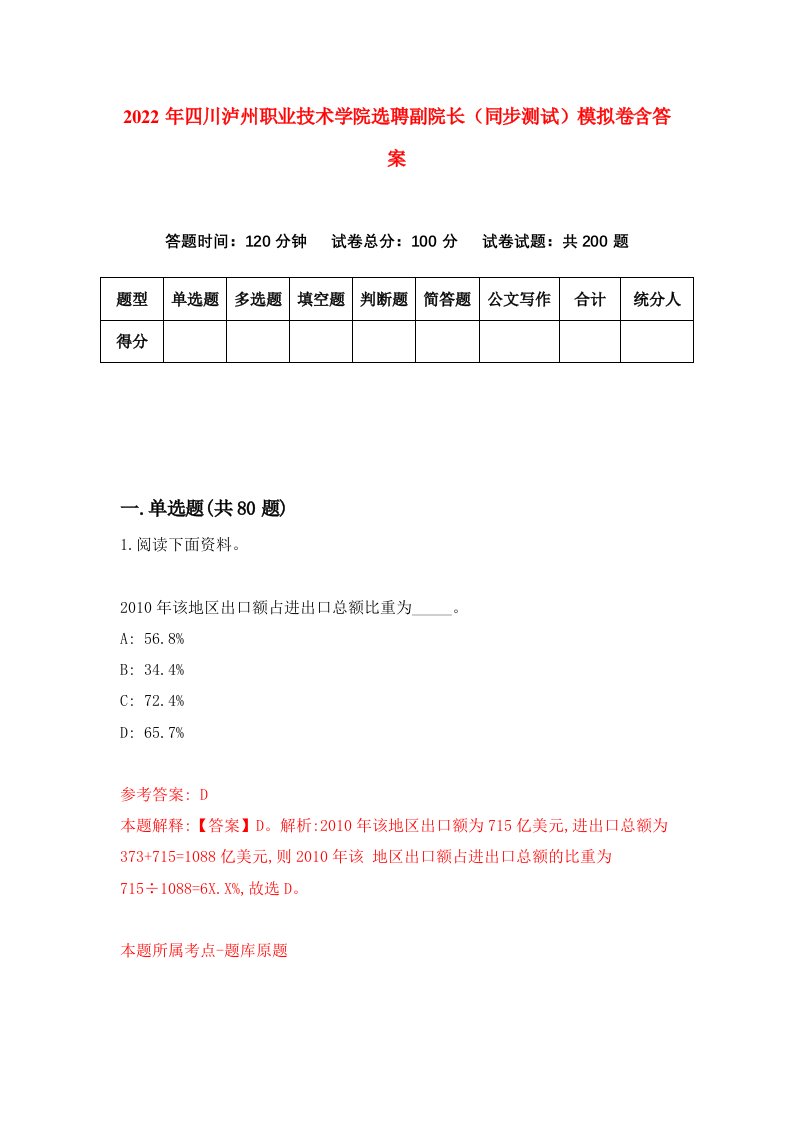 2022年四川泸州职业技术学院选聘副院长同步测试模拟卷含答案8