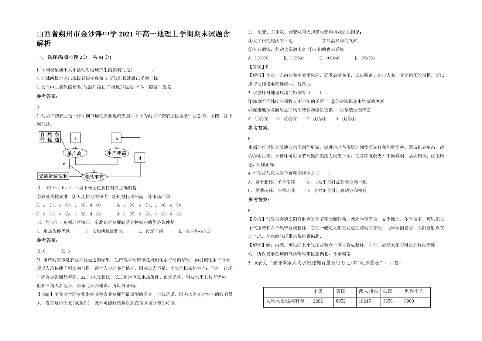 山西省朔州市金沙滩中学2021年高一地理上学期期末试题含解析