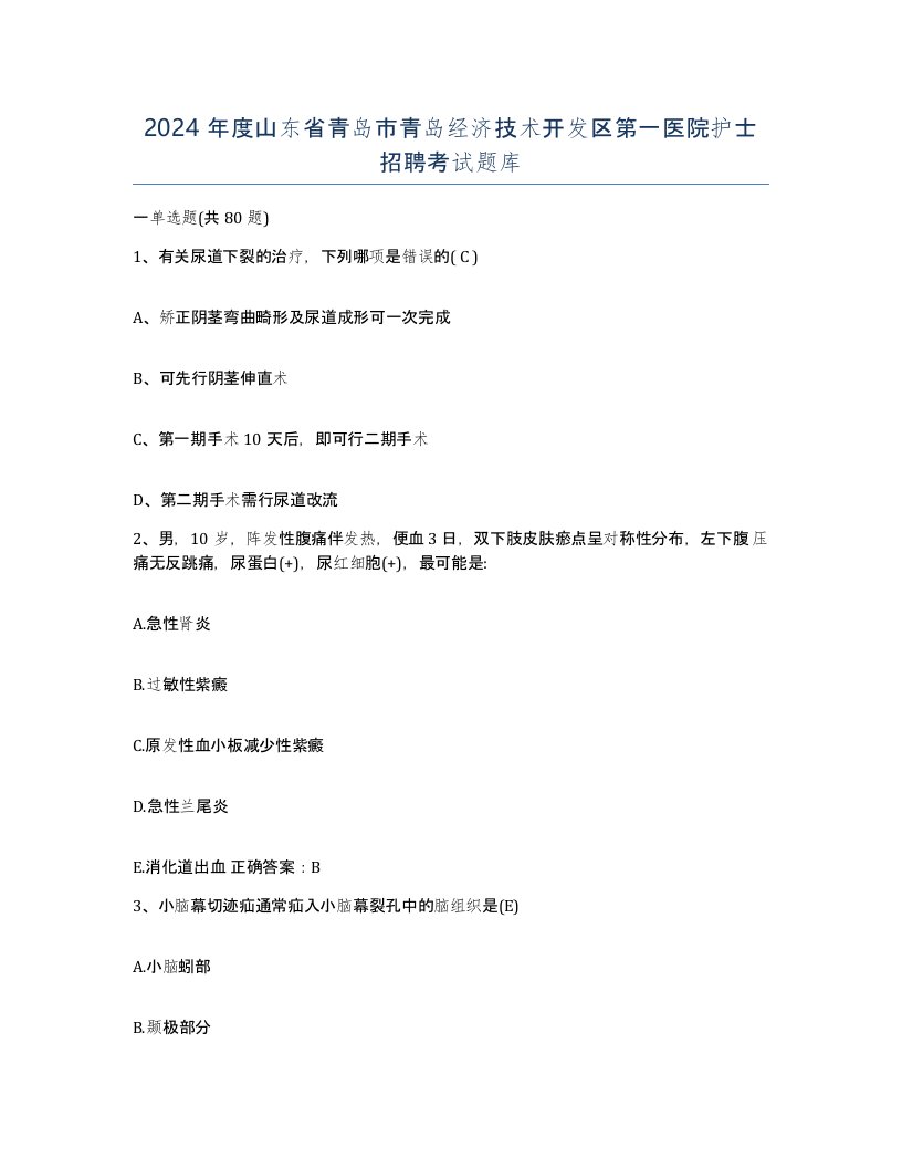 2024年度山东省青岛市青岛经济技术开发区第一医院护士招聘考试题库