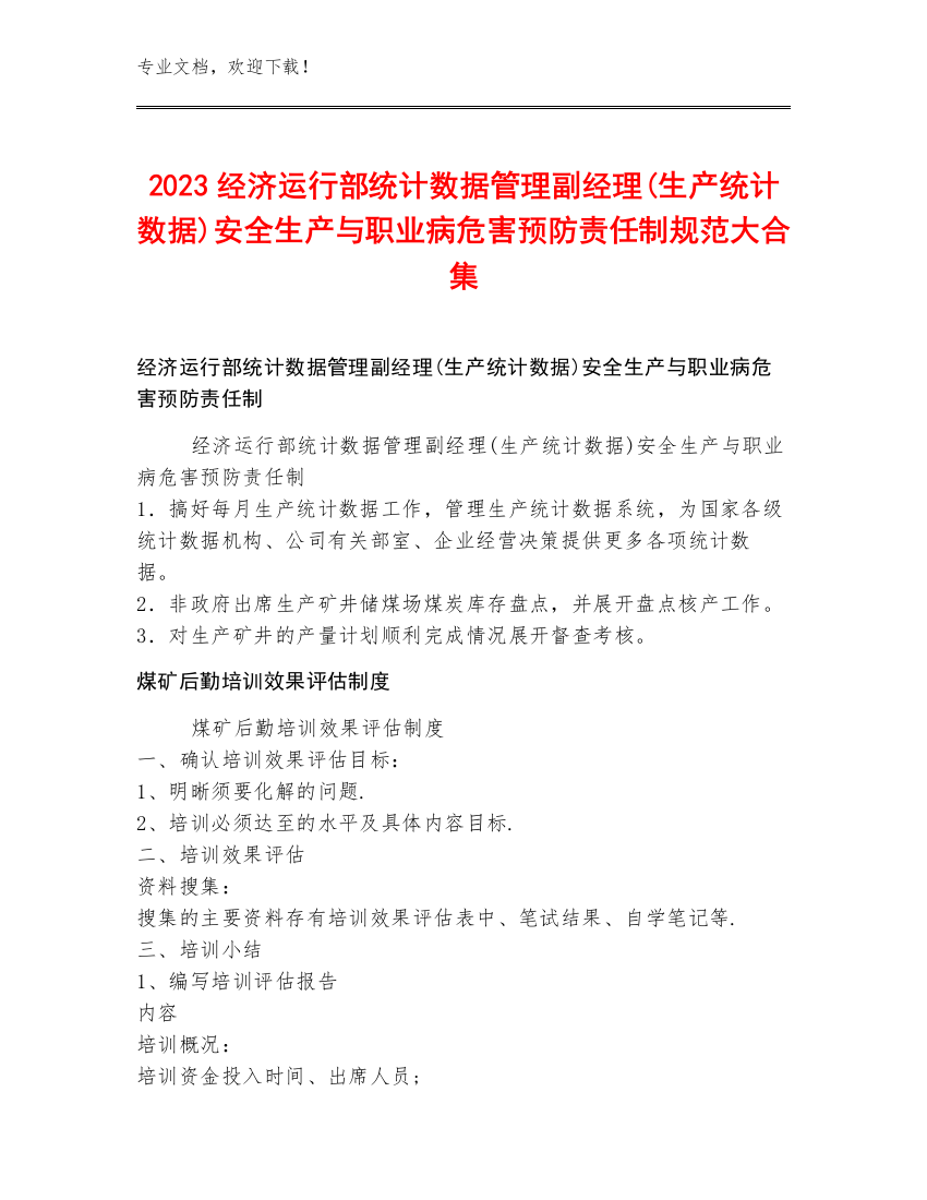 2023经济运行部统计数据管理副经理(生产统计数据)安全生产与职业病危害预防责任制规范大合集