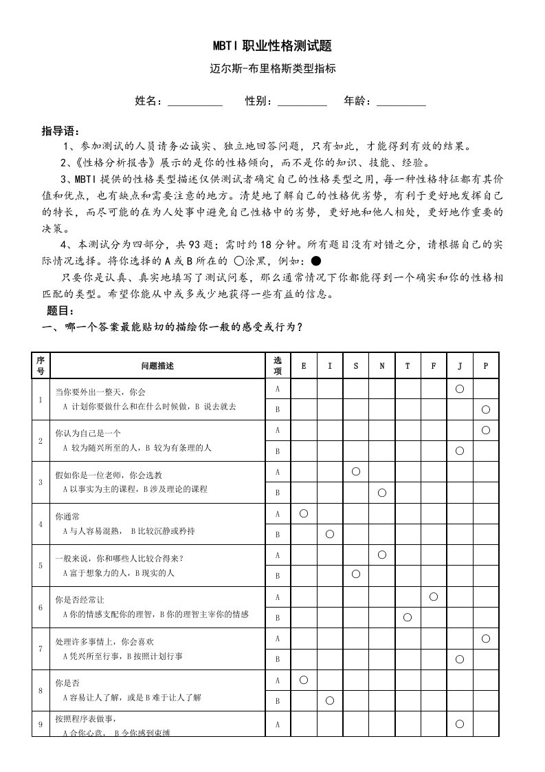 MBTI职业性格测试题目、解析都有资料