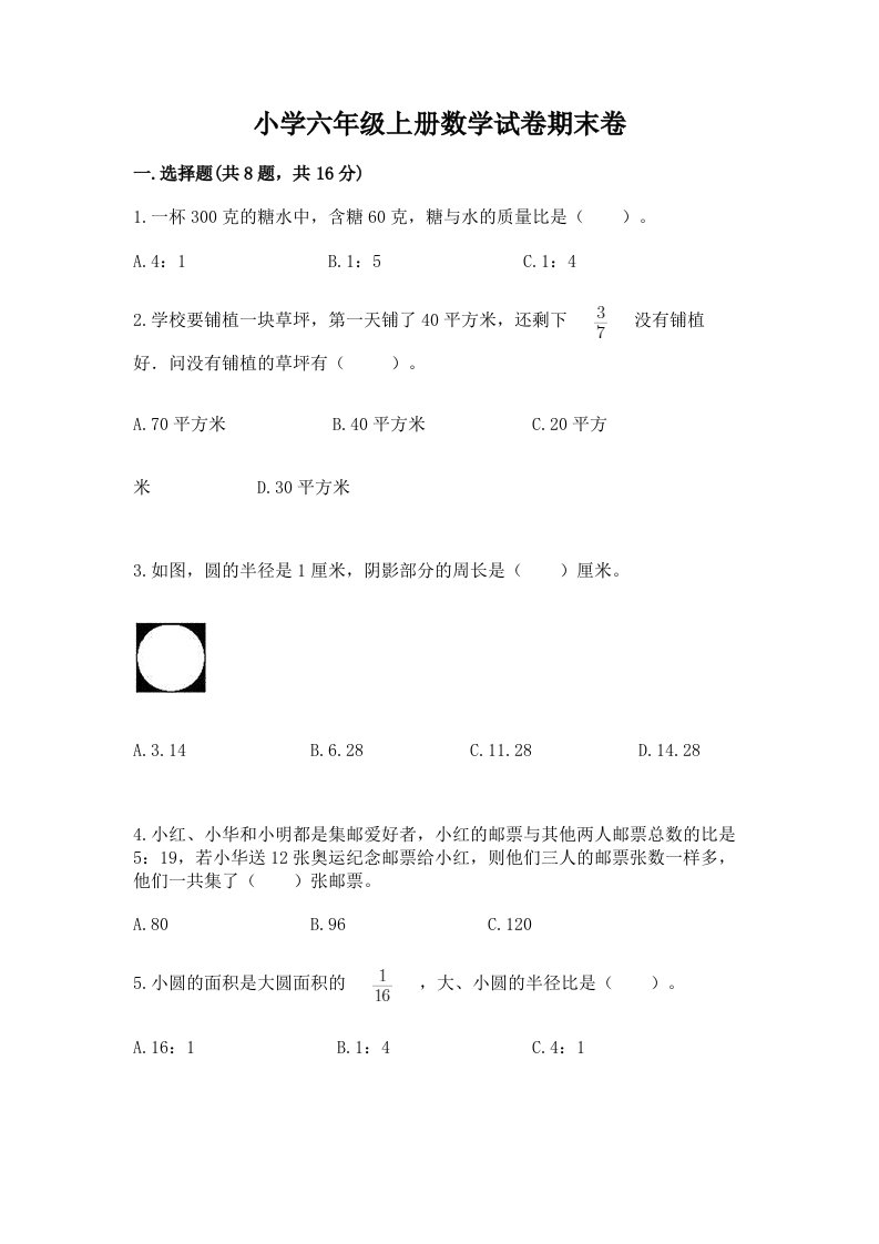 小学六年级上册数学试卷期末卷及答案参考