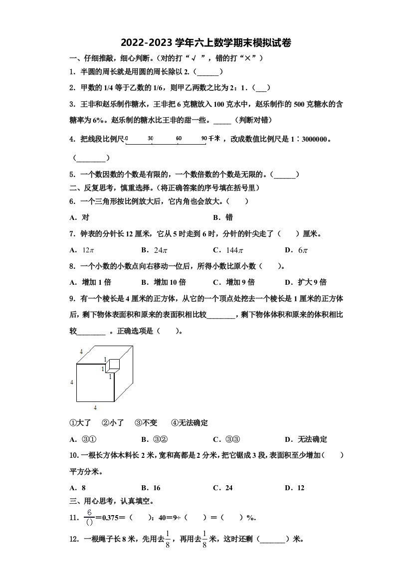 2023届陕西省延安市延川县数学六年级第一学期期末检测模拟试题含解析