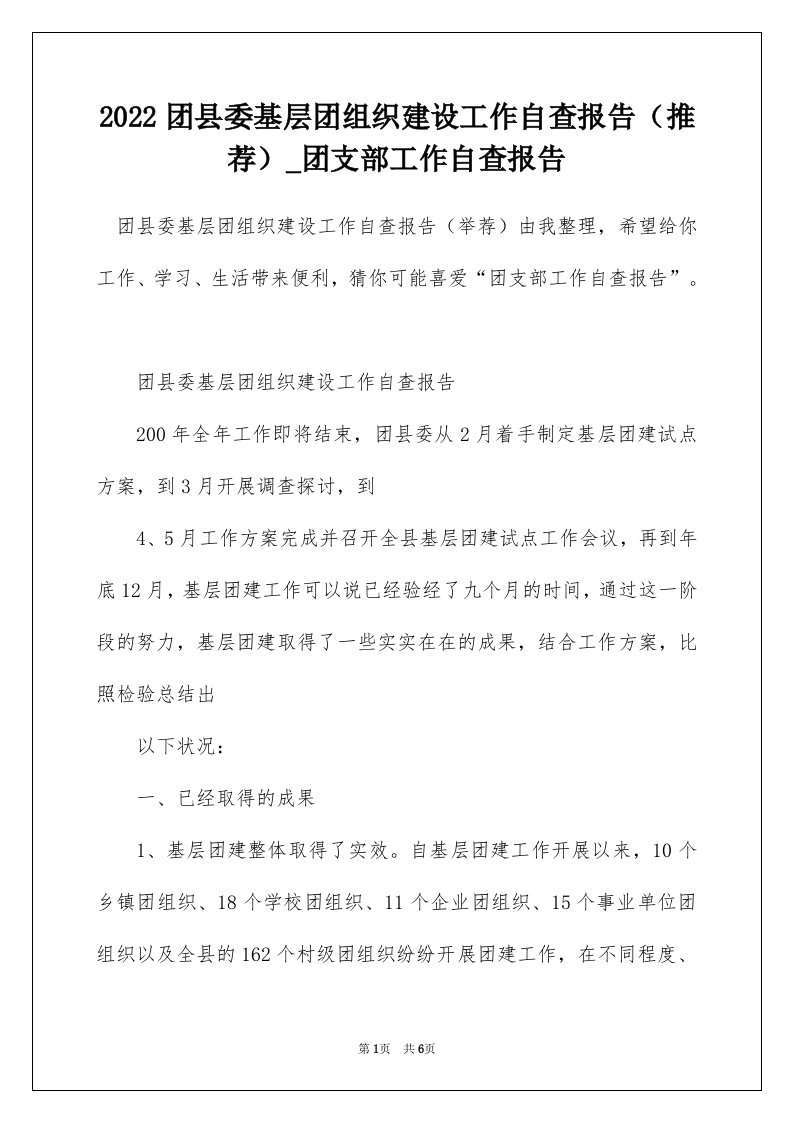 2022团县委基层团组织建设工作自查报告推荐_团支部工作自查报告