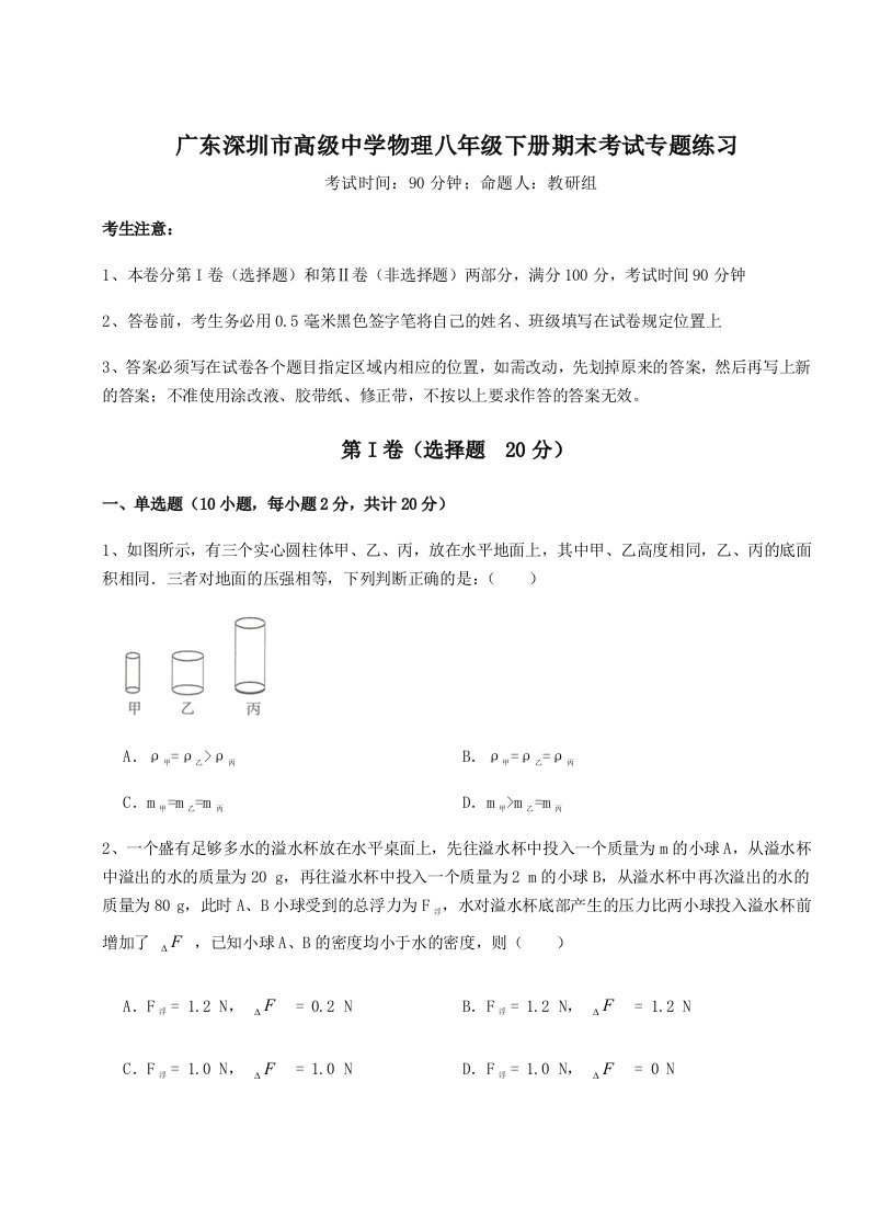 2023-2024学年度广东深圳市高级中学物理八年级下册期末考试专题练习A卷（附答案详解）