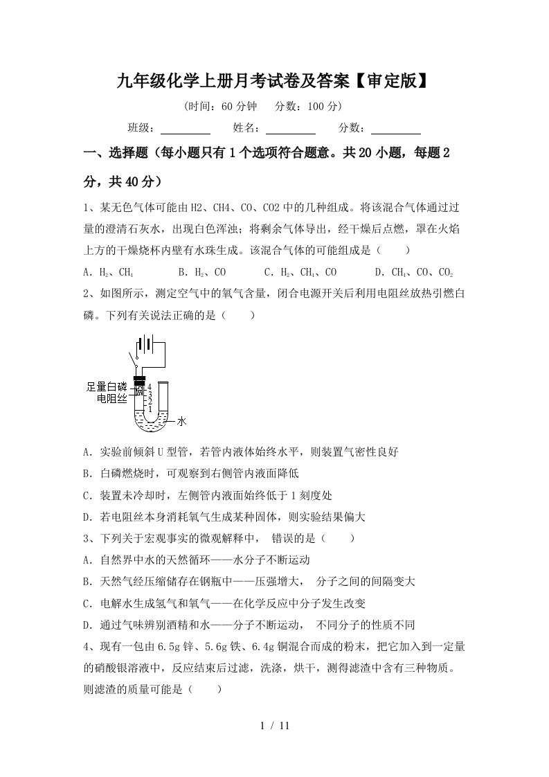 九年级化学上册月考试卷及答案审定版