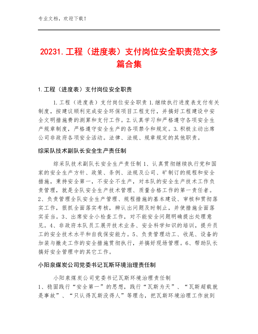 20231.工程（进度表）支付岗位安全职责范文多篇合集