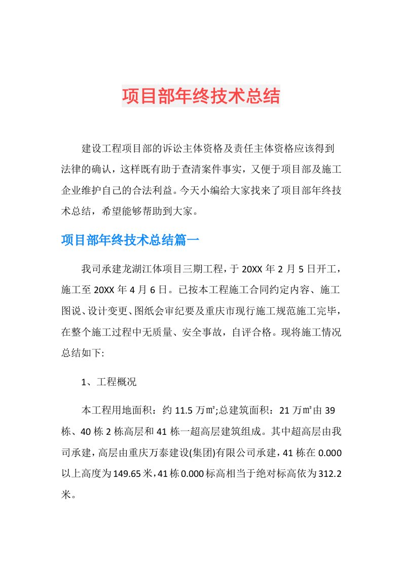 项目部年终技术总结