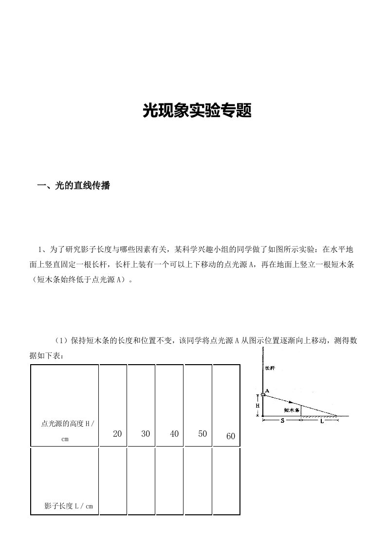 初中物理光现象实验