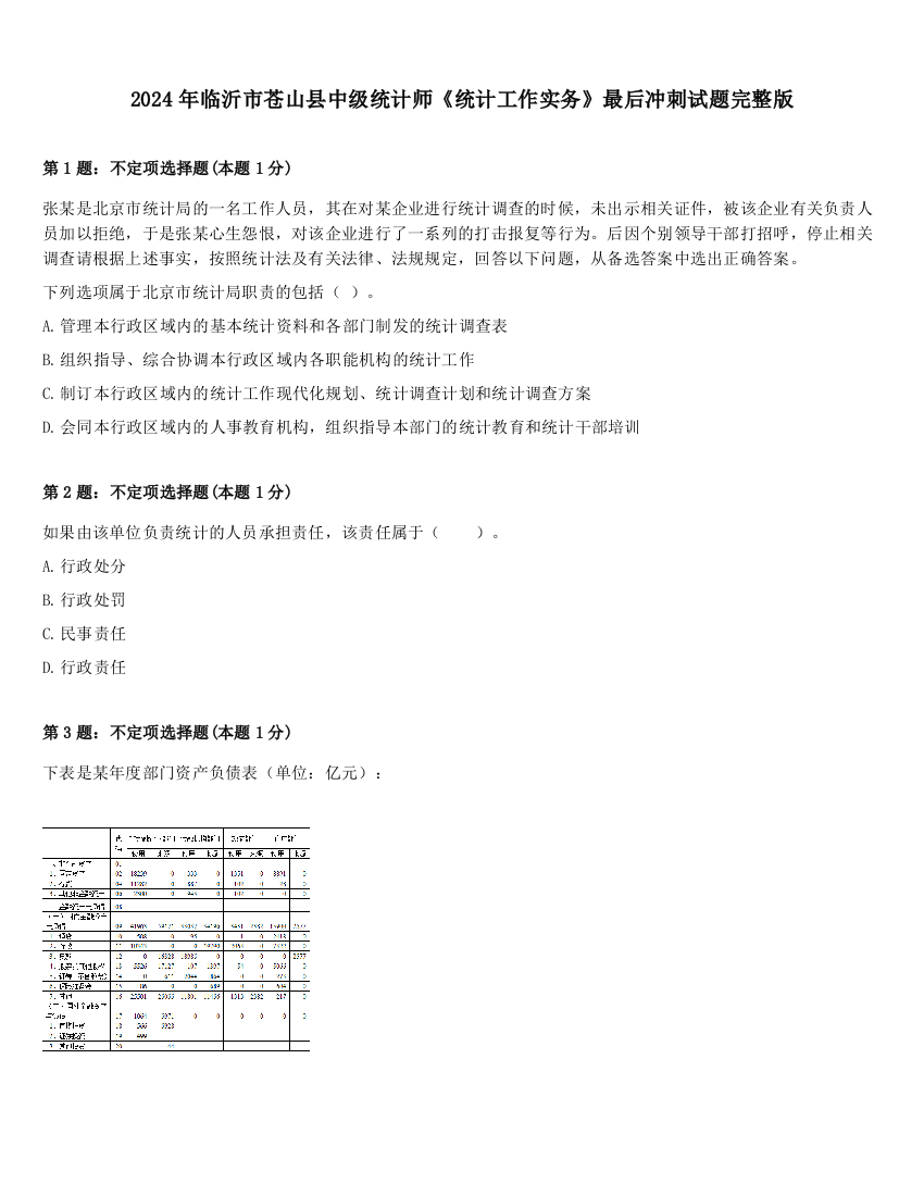 2024年临沂市苍山县中级统计师《统计工作实务》最后冲刺试题完整版