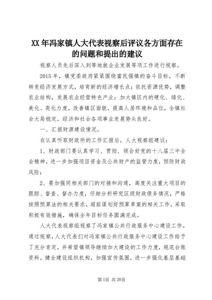 XX年冯家镇人大代表视察后评议各方面存在的问题和提出的建议