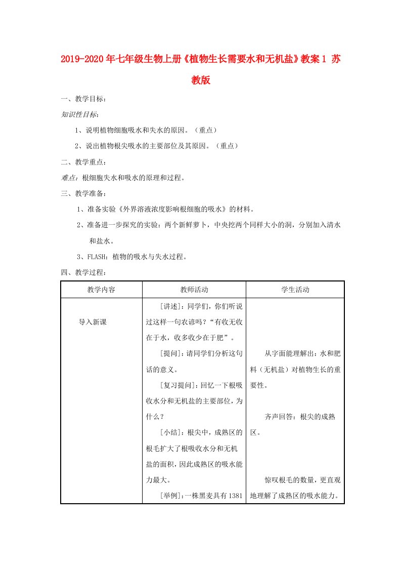 2019-2020年七年级生物上册《植物生长需要水和无机盐》教案1