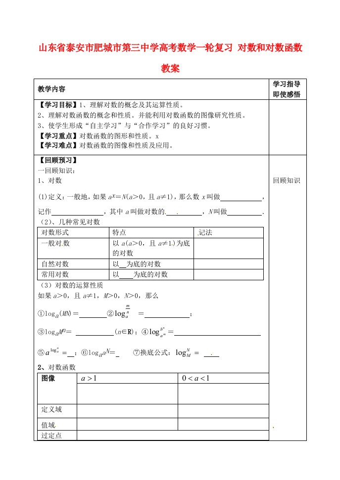 山东省泰安市肥城市第三中学高考数学一轮复习