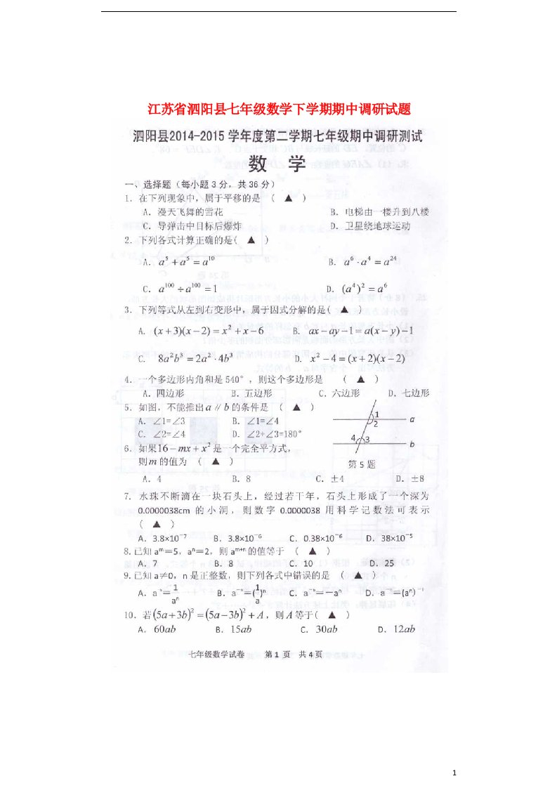 江苏省泗阳县七级数学下学期期中调研试题（扫描版）