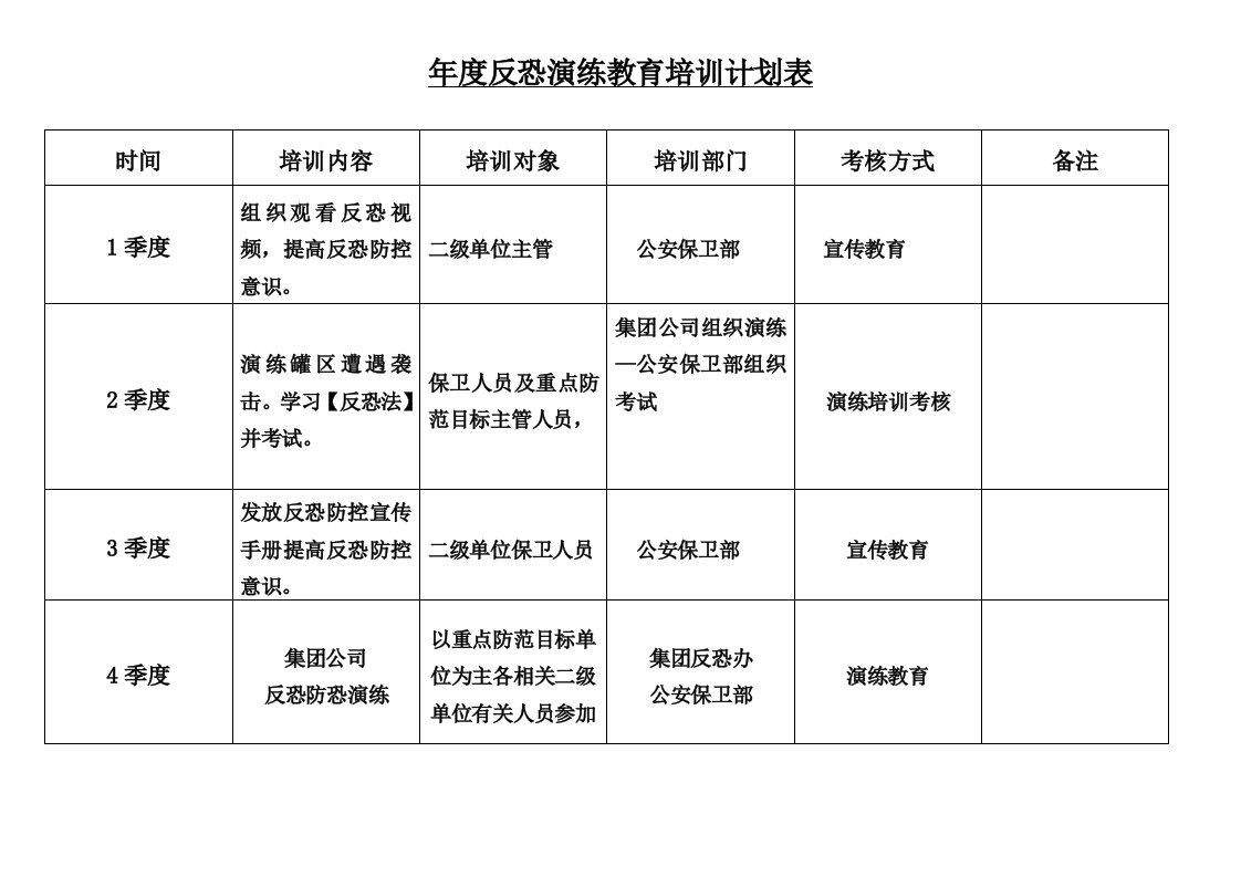 年度反恐演练教育培训计划表